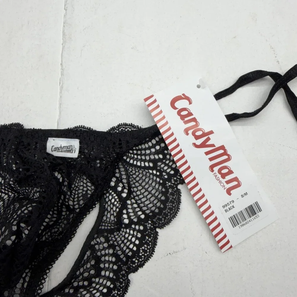 Candyman Thong Underwear Mens Medium Black Sheer Lace Heart Floral Stretch 99579